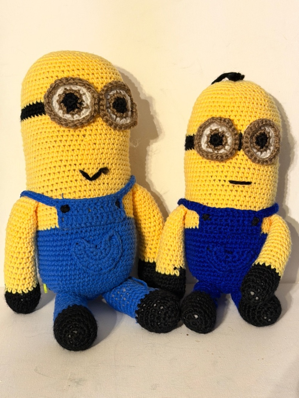 Handmade Yellow Crochet Minion-Inspired Plush Toy Pair with Blue Overalls